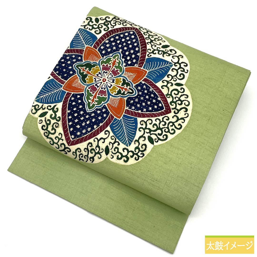 名古屋帯 正絹 Sランク 浅藍色(あさきあいいろ) 型染 抽象花 唐草 帯丈364cm ポイント柄 カジュアル 緑系 1124010422319 名古屋仕立て