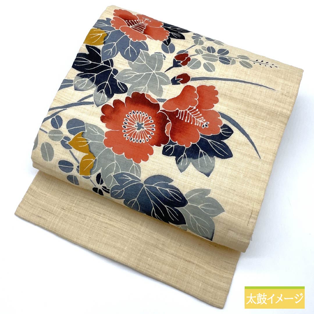 リサイクル着物】名古屋帯 麻 生成り色（きなりいろ） 夏帯 京紅型 
