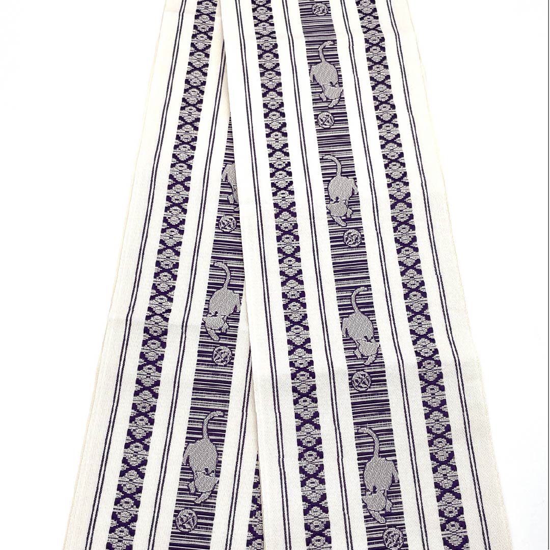 半幅帯 ポリエステル 帯丈360cm 白色(しろいろ) 博多織風 ネコ 白系 Sランク 1125001562311