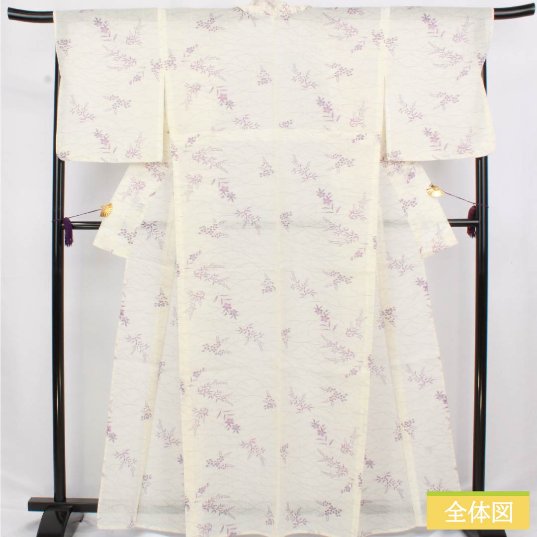 Summer linen tsumugi (pongee) kimono, length 165cm, sleeve length 69cm, milky white (nyuhakushoku) Ojiya-chijimi (Ojiya-style silk) with floral and gauze patterns, rank A, white, product number 1132002683511
