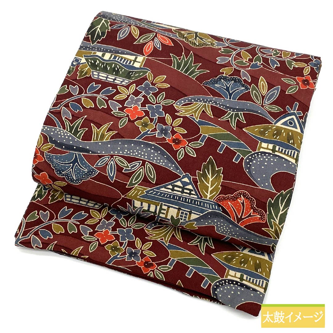 名古屋帯 正絹 Sランク 紫檀色(したんいろ) 型染 風景柄 ちりめん地 帯丈398cm 全通 カジュアル 茶系 1124011552414 開き仕立て