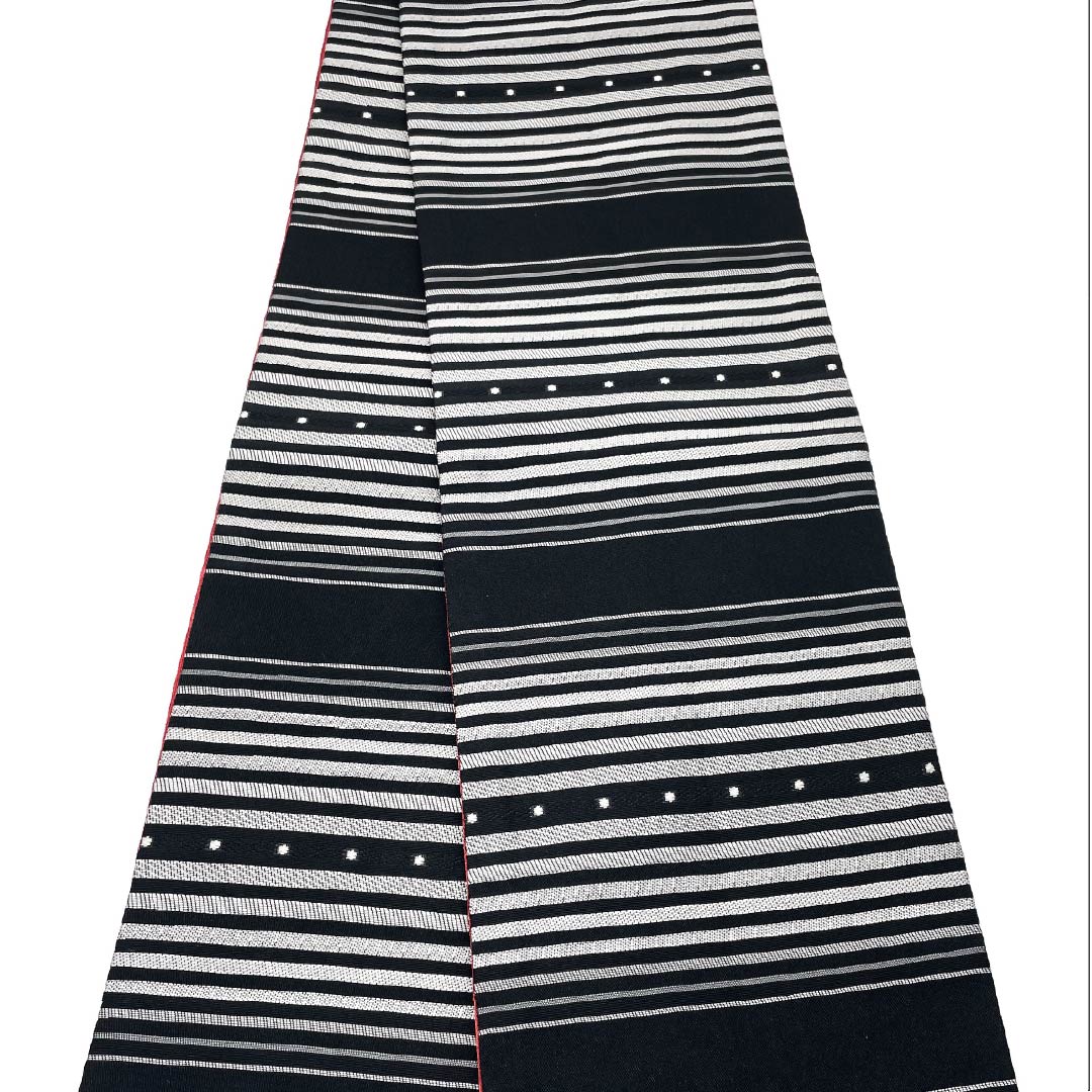 半幅帯 ポリエステル 帯丈380cm 黒色(くろいろ) ストライプ 紅赤色(べにあかいろ) 花柄 リバーシブル 黒系 Sランク 1125001532310