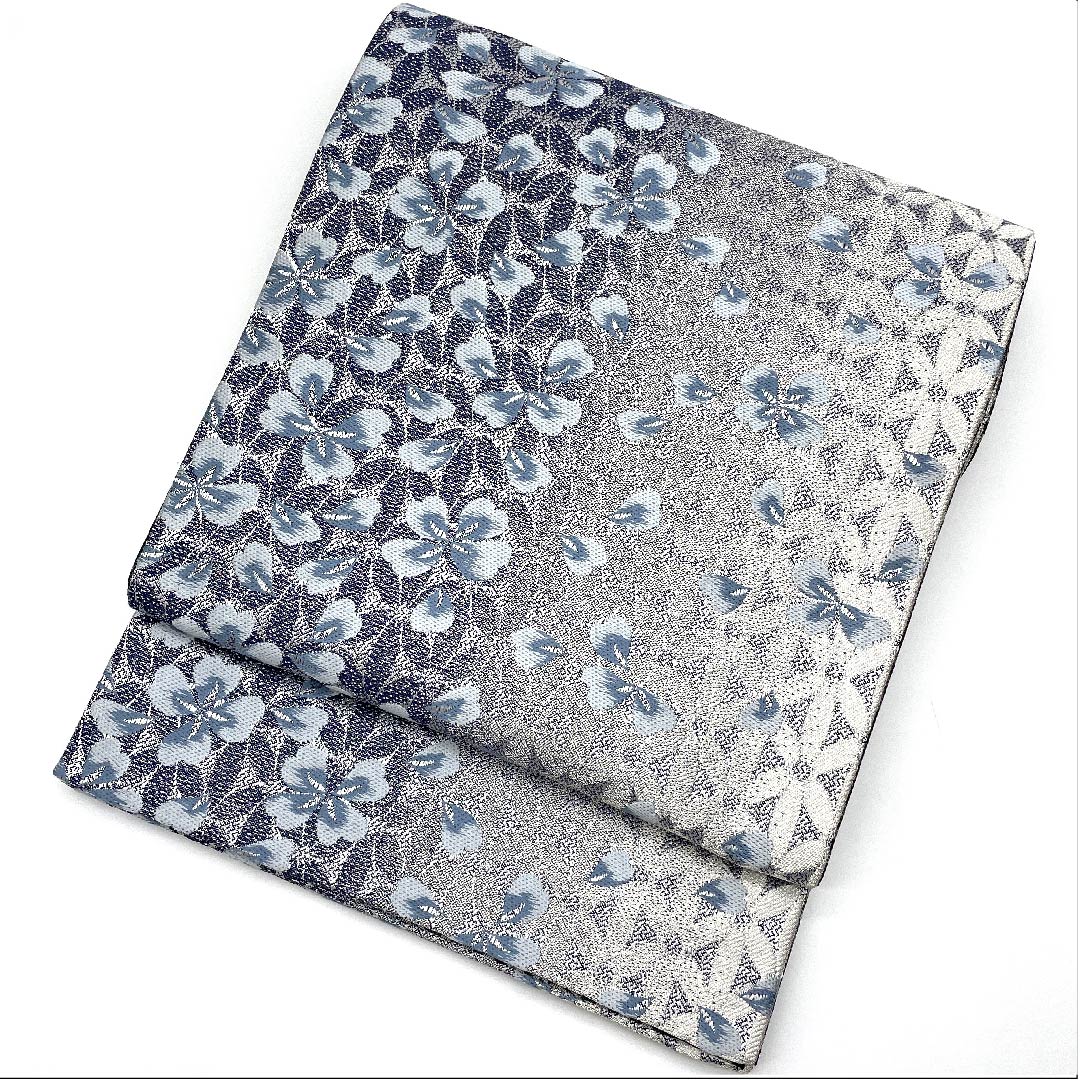 袋帯 銀色 桜 帯丈440cm 正絹 Sランク 全通 フォーマル 銀系 1123008962322