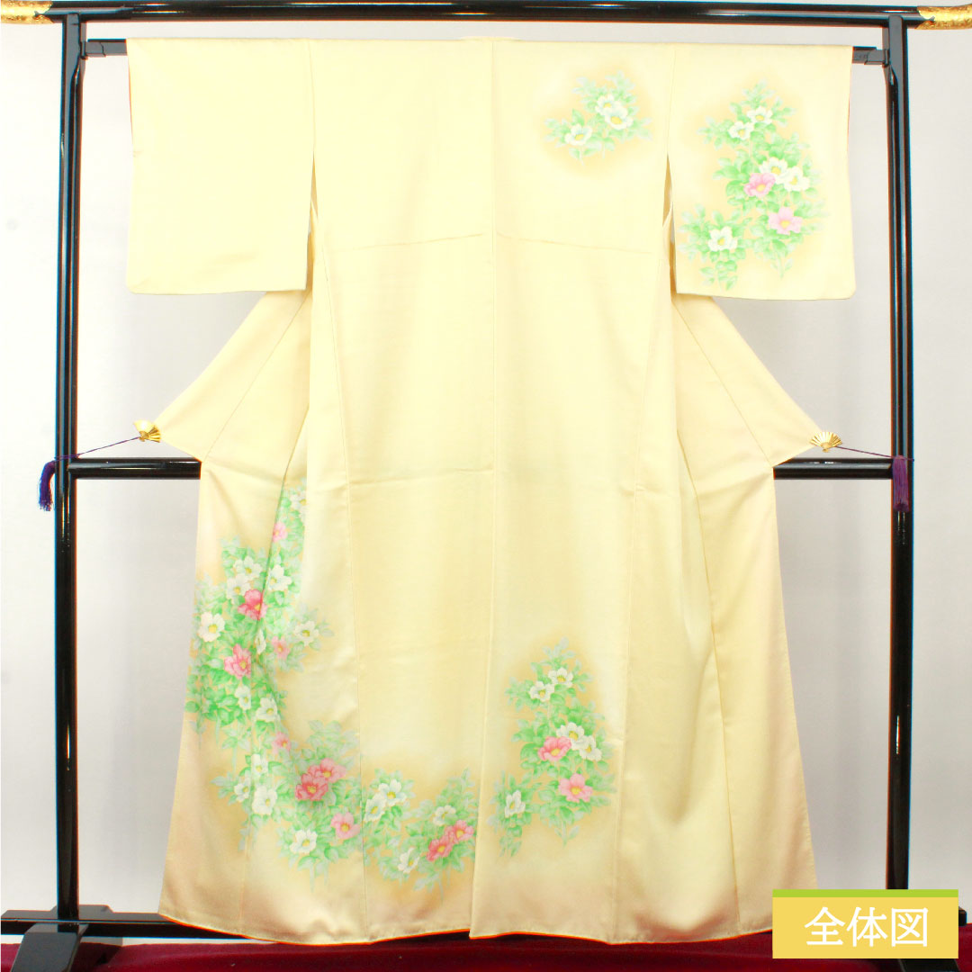 訪問着 ポリエステル 袷 身丈159.5cm 裄丈65cm 鳥の子色(とりのこいろ) 洗える着物 草花模様 Aランク 黄系 1112004313323