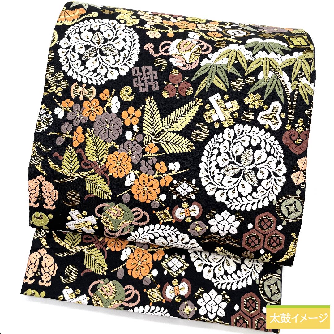 袋帯 正絹 黒色 宝尽くし 松竹梅 古典柄 帯丈443cm Sランク 六通 セミフォーマル 黒系 1123010842310