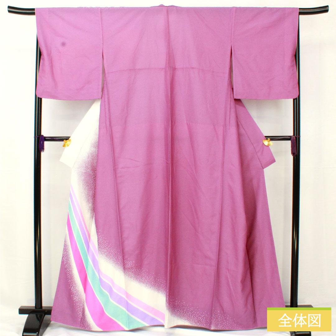 Homongi (formal kimono) made of polyester, single layer, length 161.5cm, sleeve length 66.5cm, aoi-iro (blue color), washable kimono, A rank, purple, 1112005383420