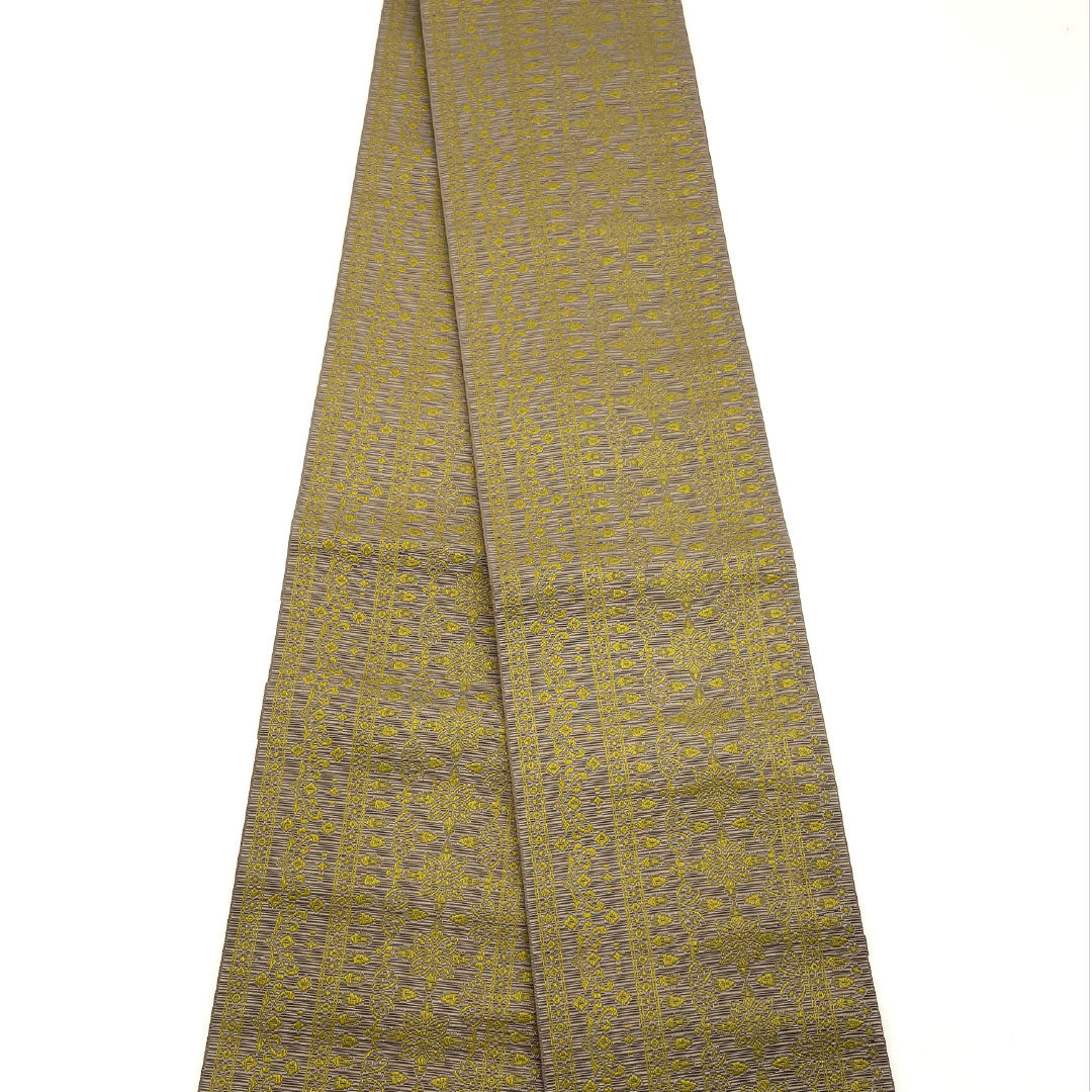 (新品)半幅帯 ポリエステル NEWランク 国防色(こくぼうしょく) 朱殷色(しゅあんいろ) 幾何学模様 抽象花模様 リバーシブル 帯丈400cm 茶系 1125002591414