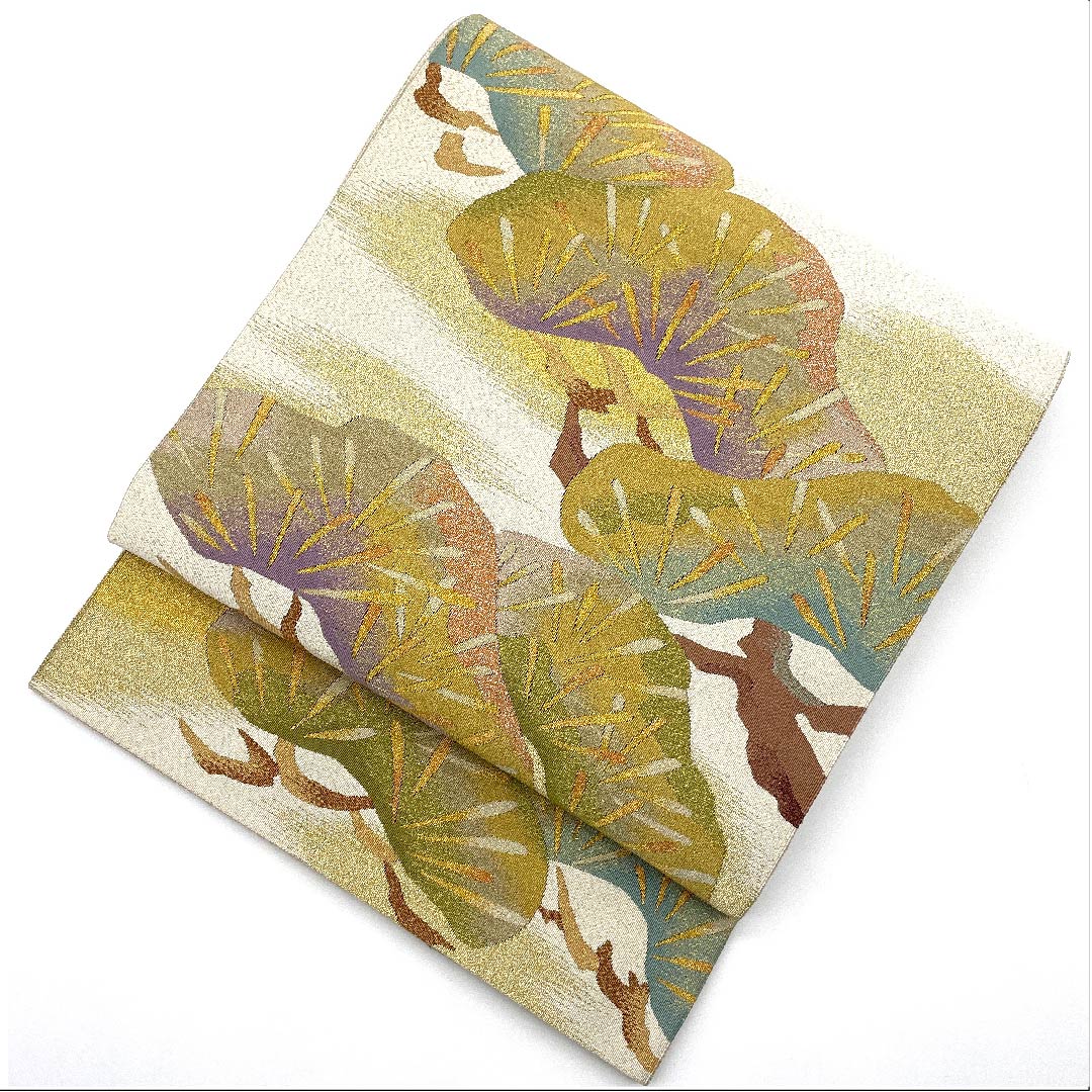 袋帯 生成り色(きなりいろ) 綴れ織 松 帯丈438cm 正絹 Aランク 六通 フォーマル クリーム系 1123007023315