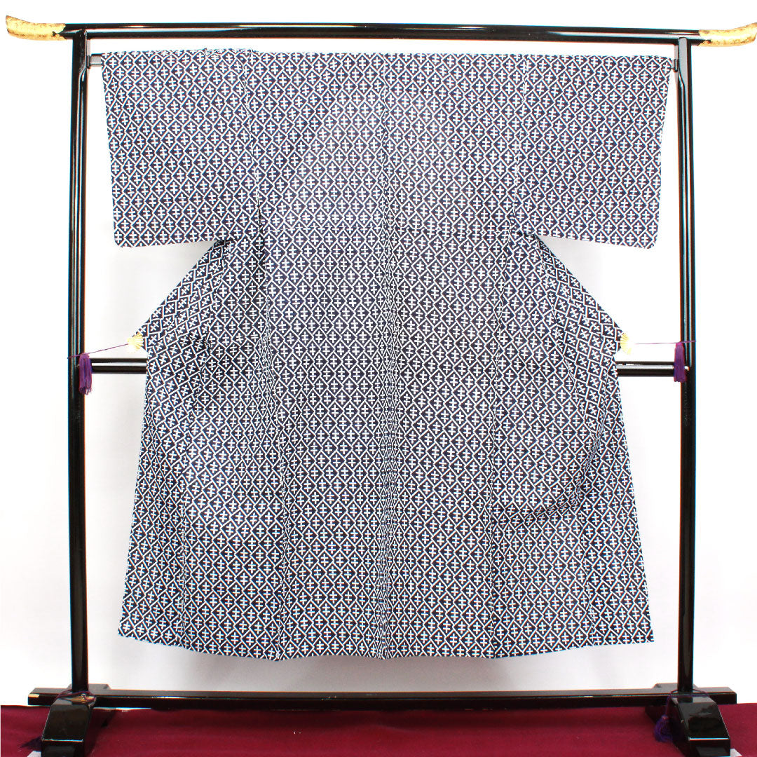 浴衣 男物 幾何学模様 木綿 Bランク 単衣 身丈150cm 裄丈70cm 紺系 1118001614118
