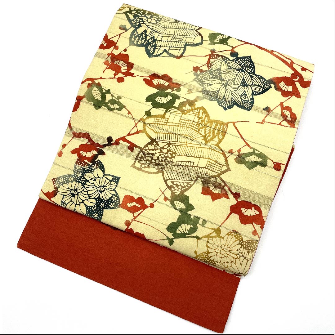 名古屋帯 魚子黄色 紅葉 松竹梅 レトロ 帯丈376cm 正絹 Sランク 六通 カジュアル ベージュ系 1124004742325 名古屋仕立て