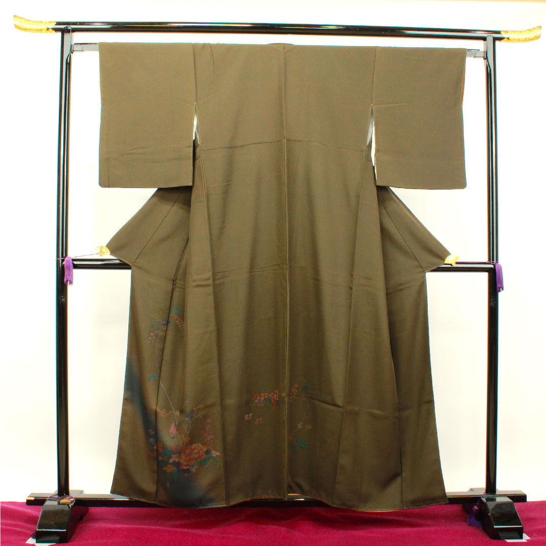 Homongi, pure silk, lined, length 157cm, sleeve length 64cm, yellow-black, floral pattern, A rank, green, 1112003023319