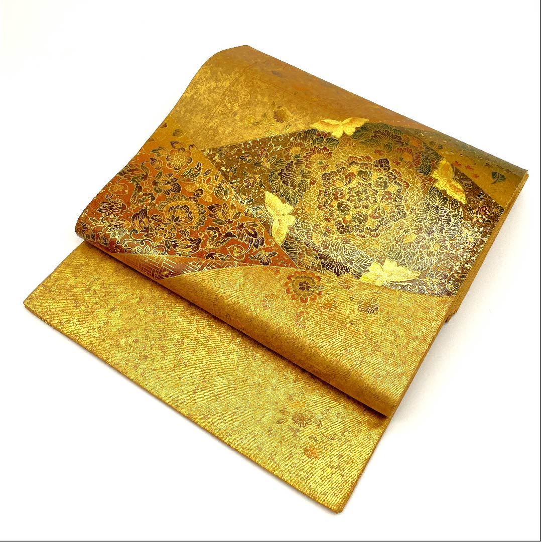 袋帯 金色 本金漆 蝶 華文 帯丈428cm 正絹 Aランク ポイント柄 フォーマル 金系 1123002873321