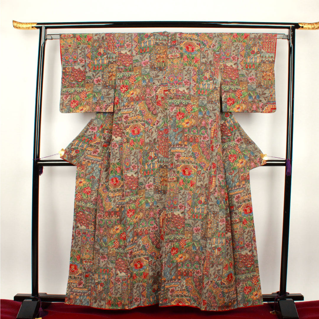 小紋 身丈160cm 裄丈62cm 袷 更紗模様 正絹 Aランク グラデ 1115002303499