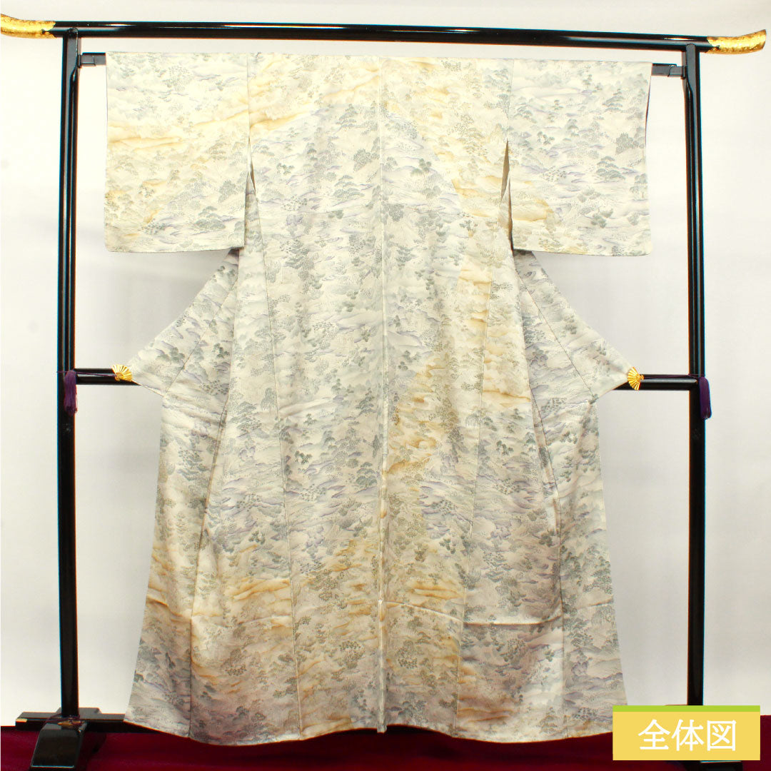 小紋 正絹 身丈159cm 裄丈65.5cm 袷 銀白色 風景模様 しつけ糸付き 未使用品 Sランク グレー系 1115003722322