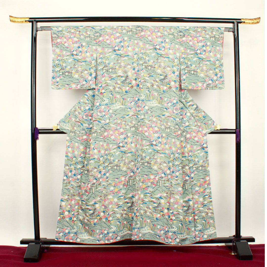 訪問着 袷 身丈155.5cm 裄丈62cm 沈香茶色 型染 茶屋辻 草花模様 正絹 Aランク グレー系 1112001783322