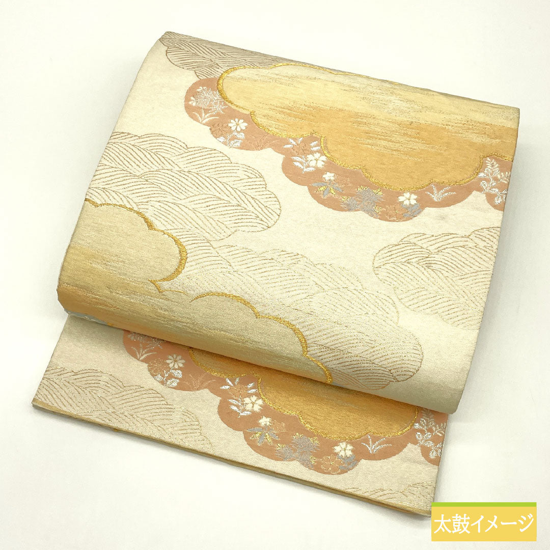 袋帯 正絹 Aランク 西陣織 雲取り 小花 帯丈428cm 六通 フォーマル 銀系 1123017233322