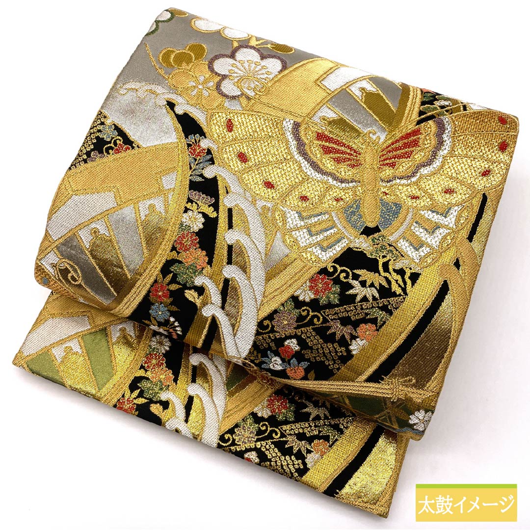 袋帯 正絹 織部色(おりべいろ) 振袖用 蝶 松竹梅 桜 帯丈428cm Sランク 六通 フォーマル 緑系 1123013392319
