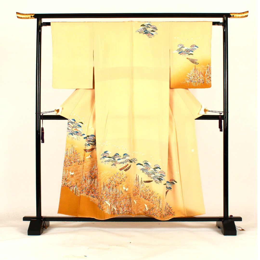 訪問着 袷 身丈156.5cm 裄丈65cm 刺繡 鶴 松 正絹 Sランク クリーム系 1112000932315