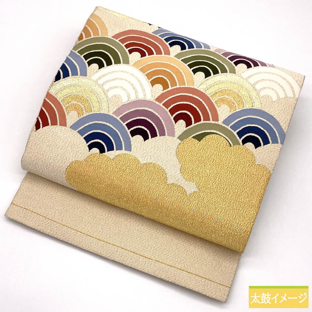 名古屋帯 正絹 Sランク 綴れ織 雲取り 青海波 帯丈430cm ポイント柄 セミフォーマル 金系 1124010522421 松葉仕立て