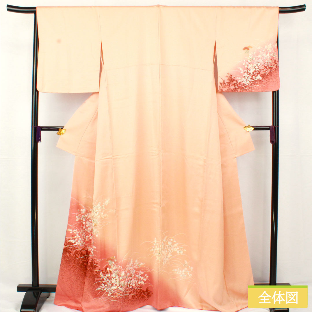 訪問着 正絹 袷 身丈165.5cm 裄丈66.5cm 京友禅 萩 松 部分刺繍 Aランク ピンク系 1112005363513