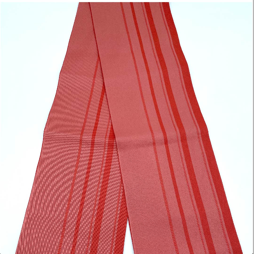 半幅帯 ポリエステル 帯丈350cm 紅梅色(こうばいいろ) 縞 ストライプ 幾何学模様 リバーシブル 朱系 Sランク 1125001352316