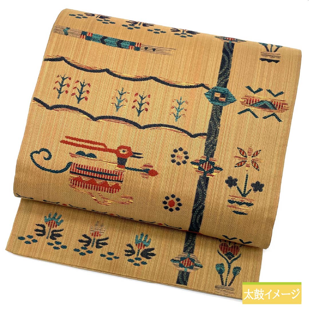 袋帯 正絹 山吹鼠色(やまぶきねずいろ) インカ鳥 花模様 帯丈436cm Sランク 六通 カジュアル ベージュ系 1123013072325