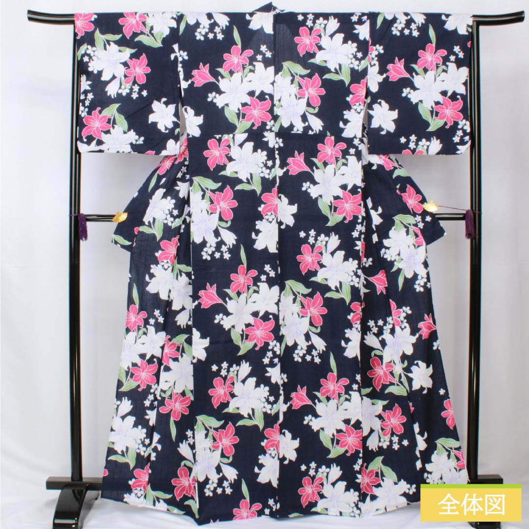 浴衣 木綿 身丈166cm 裄丈65cm Aランク 単衣 紺系 紺色(こんいろ) 百合 INGNI イング 1118006173518