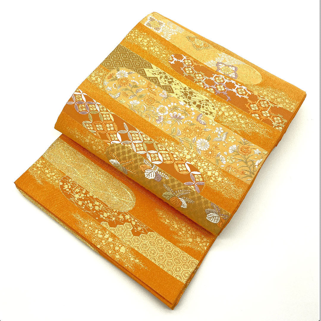 袋帯 小麦色(こむぎいろ) 綴れ地 慶長霞紋 帯丈438cm 正絹 Aランク ポイント柄 フォーマル 朱系 1123005083316