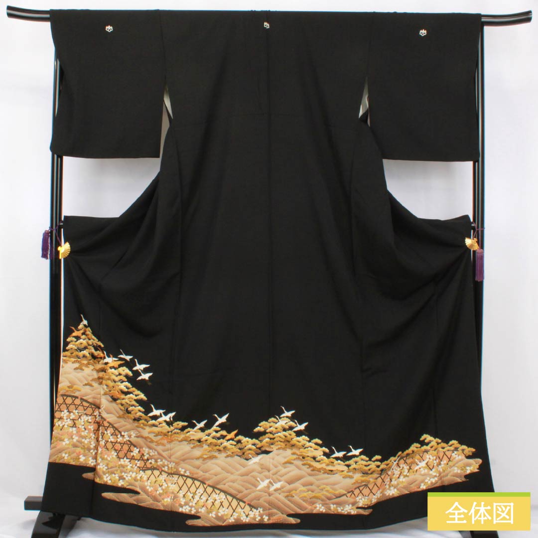 黒留袖 正絹 Aランク 身丈167cm 裄丈67.5cm 袷 京友禅 五つ紋 中陰五三桐 鶴 松 萩 波 五つ紋 黒系 1111002053510