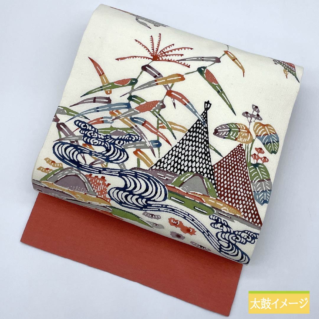 名古屋帯 乳白色色(にゅうはくしょくいろ) 京紅型 風景模様 鳥 帯丈360cm 正絹 Sランク ポイント柄 カジュアル クリーム系 1124007242315 名古屋仕立て