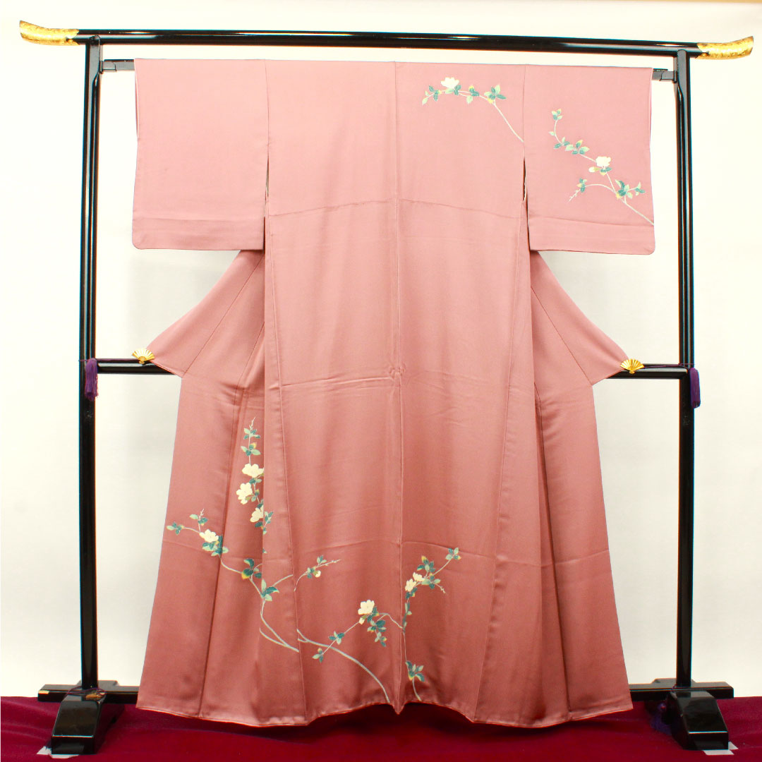 訪問着 正絹 袷 身丈158cm 裄丈63cm 蝋積紅色 京友禅 草花模様 Sランク ピンク系 1112003012313