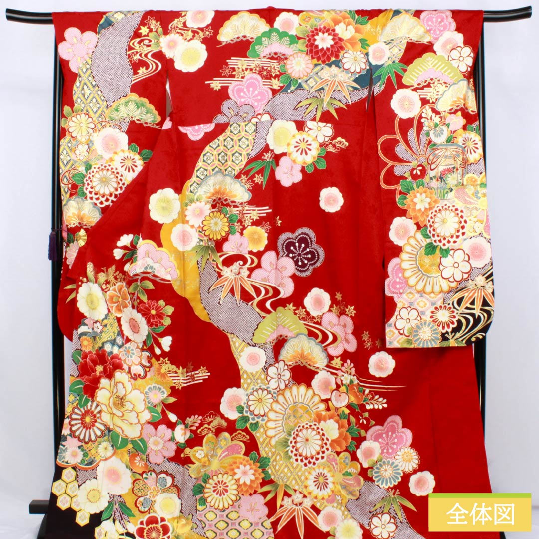 リサイクル着物】振袖 正絹 Sランク 身丈170.5cm 裄丈67.5cm 袷 真紅色 リサイクル着物】振袖 正絹 Sランク 身丈170.5cm 裄丈67.5cm 袷 真紅色