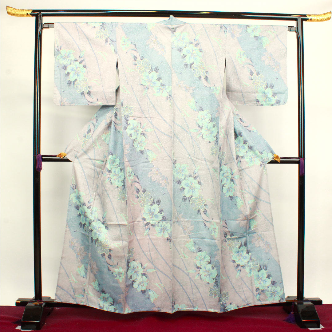 浴衣 鈍紫色 カサブランカ 銀通し 木綿 Sランク 単衣 身丈162cm 裄丈65.5cm グレー系 1118003822422