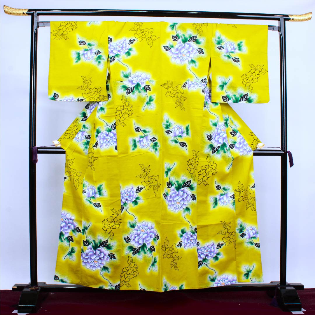 浴衣 刈安色 牡丹 木綿 Sランク 単衣 身丈156.5cm 裄丈65.5cm 黄系 1118004352323