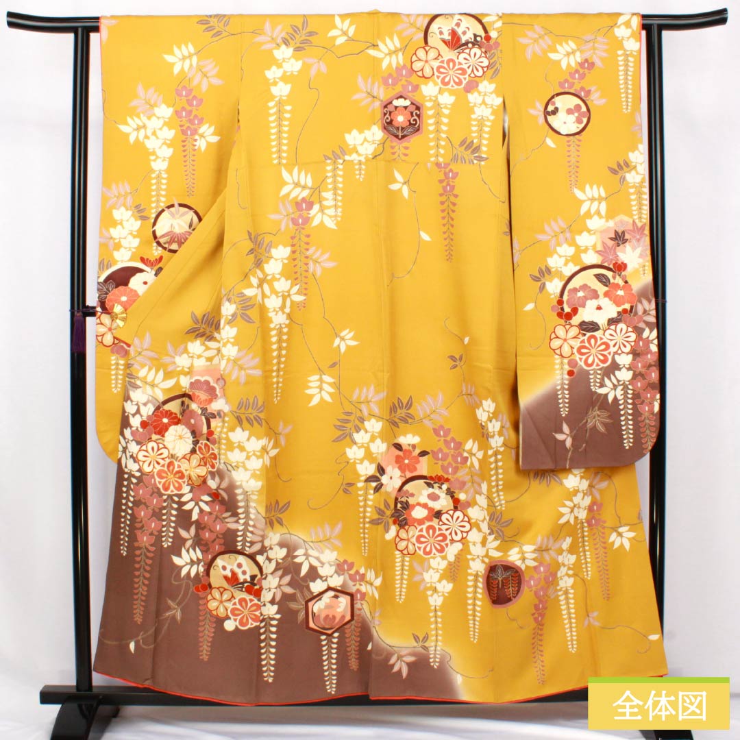 Silk Furisode, A Rank, Length 156.5cm, Sleeve-to-Sleeve 63cm, Lined, Ocher, Kyo-Yuzen, Auspicious Patterns, Plum, Wisteria, Butterfly, Yellow tones, 1113002573323
