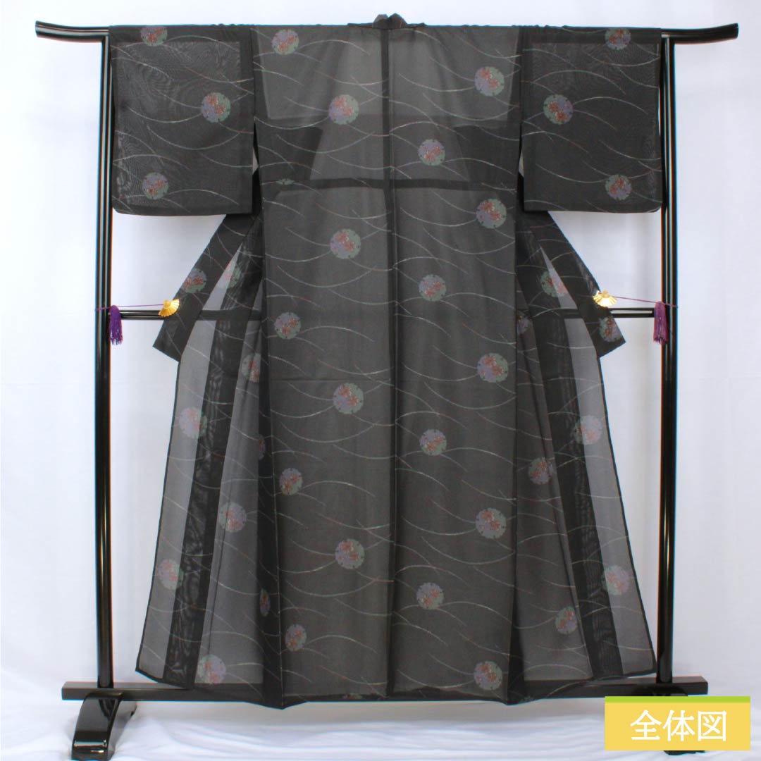 夏物 ポリエステル 小紋 身丈156cm 裄丈65cm 雪輪 露芝 洗える着物 紗 Sランク 黒系 1132001912310