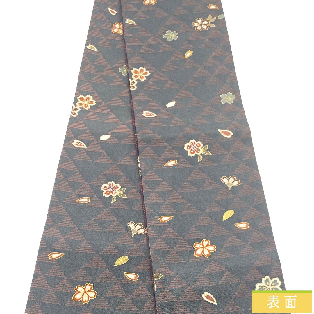半幅帯 正絹 Sランク 鉛色(なまりいろ) 二人静色(ふたりしずかいろ) ウロコ模様 桜 リバーシブル 長尺 帯丈464cm グレー系 1125003832422