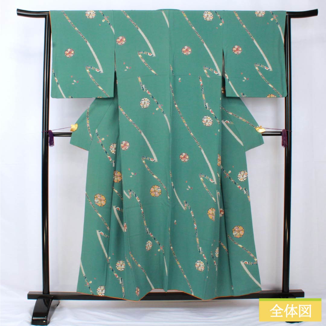 小紋 正絹 身丈152.5cm 裄丈64.5cm 袷 山藍摺色(やまあいずりいろ) 型染 熨斗 花柄 スコッチガード Bランク 緑系 1115005484219