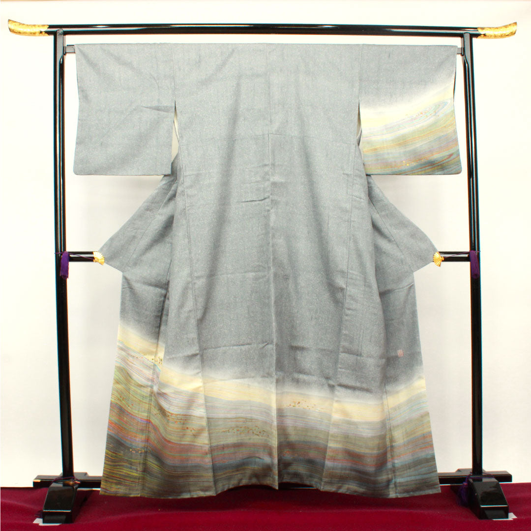 訪問着 袷 身丈160cm 裄丈68cm 鉛色 紬地 抽象模様 正絹 Aランク グレー系 1112002343422