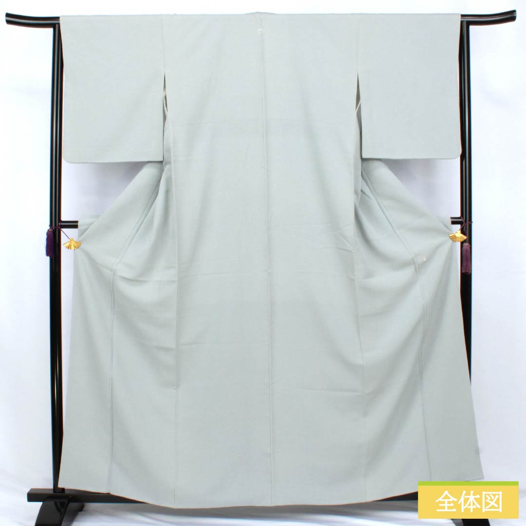 色無地 正絹 Sランク 身丈160.5cm 裄丈64cm 空色鼠色(そらいろねずいろ) 一つ紋 五三桐 素無地 袷 水色系 1114002682424