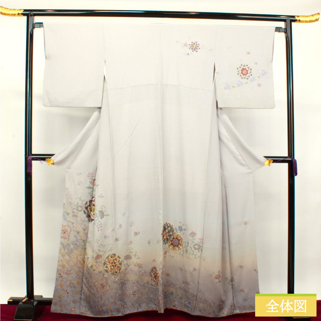 訪問着 正絹 袷 身丈161.5cm 裄丈65cm 銀灰色 蘇州刺繡 汕頭刺繡 作家物 Sランク グレー系 1112003342422