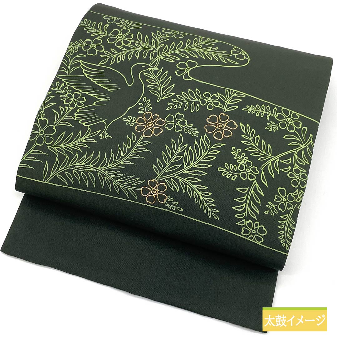Nagoya obi, black oak color, dyed obi, salt-dyed obi, gold embroidery, obi length 356cm, pure silk, S rank, point pattern, casual, green, 1124007832319, Nagoya style
