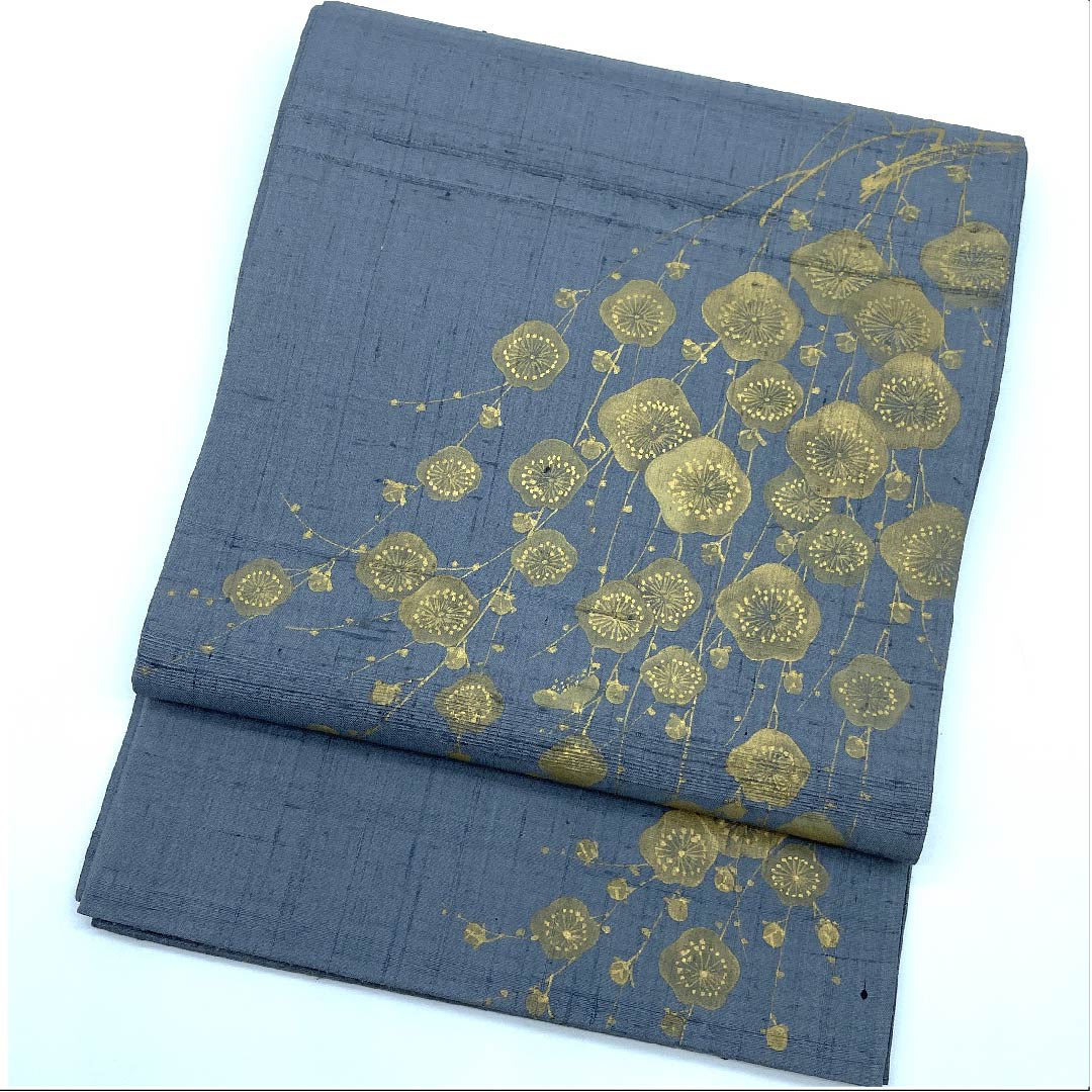 袋帯 湊鼠色(みなとねずいろ) しだれ梅 紬地 帯丈458cm 正絹 Sランク ポイント柄 カジュアル 青系 1123009242417