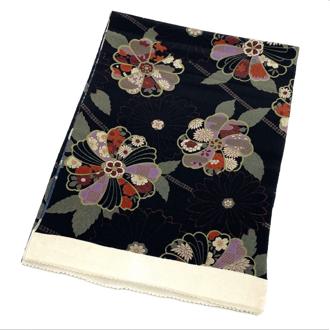 帯揚げ 正絹 Sランク カジュアル 黒色(くろいろ) 古典柄 花柄 レトロ 長さ約176cm 幅約31cm 黒系 1136001742910