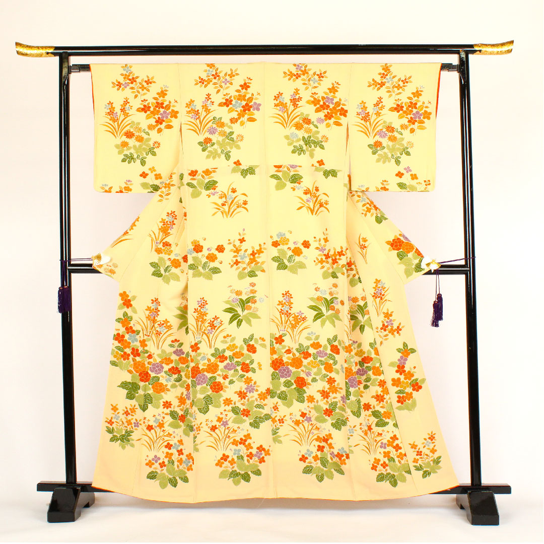 Homongi, lined, length 162cm, sleeve length 64cm, floral pattern, pure silk, A rank, cream color, 1112000353415