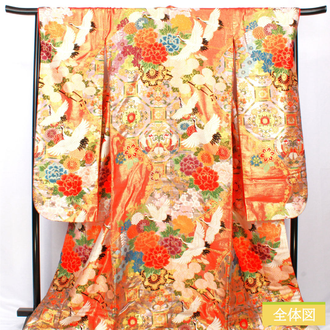 色打掛 正絹 Bランク 身丈195cm 裄丈69cm 唐織 鶴 鳳凰 花車 華文 袷 朱系 1110001034916