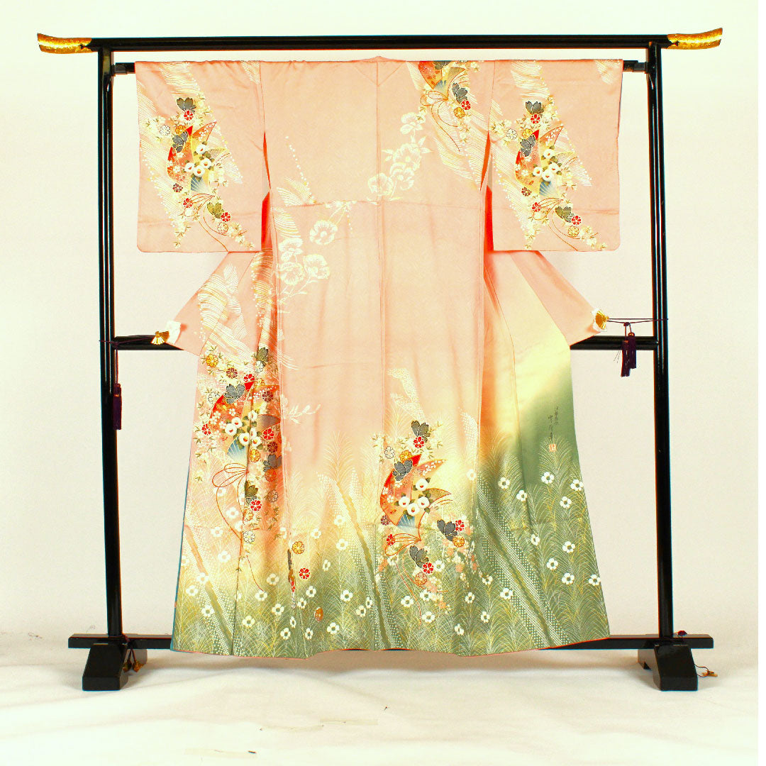 Homongi, lined, length 160cm, sleeve length 66cm, Kyoto Yuzen, phoenix, auspicious motif, pure silk, A rank, pink, 1112001073413
