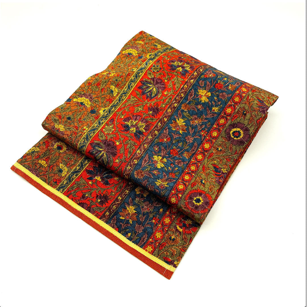 名古屋帯 縮緬 縞 花更紗模様 帯丈345cm 正絹 Sランク 全通 カジュアル 茶系 1124001722314 名古屋仕立て