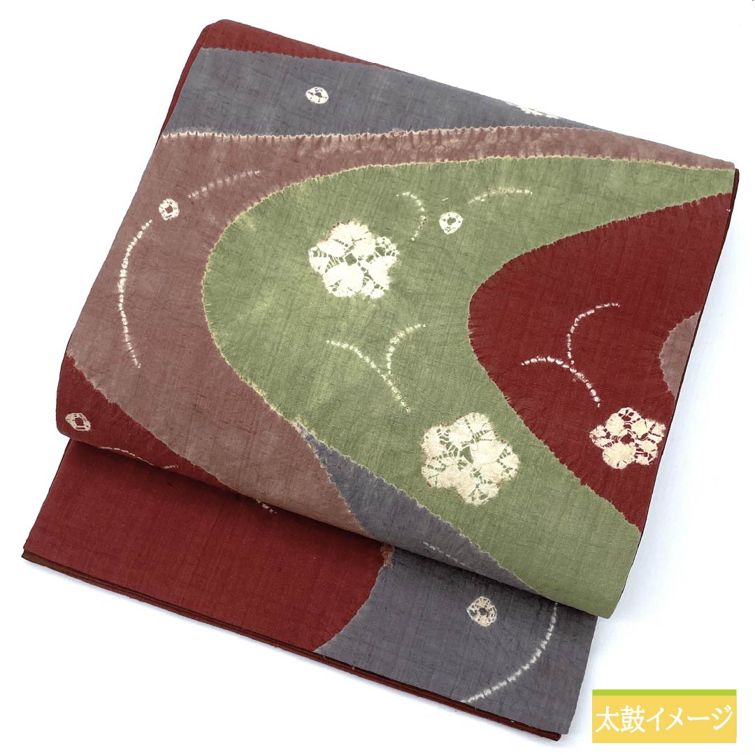 袋帯 正絹 蘇芳色(すおういろ) 紬地 絞り 染帯 流水 帯丈438cm Sランク 六通 カジュアル 朱系 1123012812316