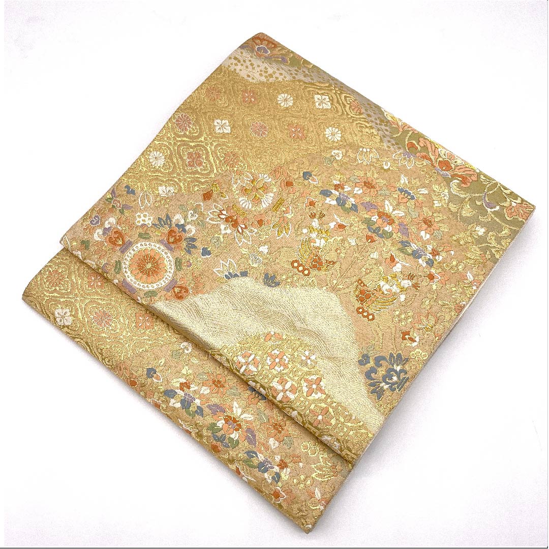 (未仕立)袋帯 金色 吉祥文様 服部織物謹製 帯丈428cm 正絹 Aランク 六通 フォーマル 金系 1123006013321